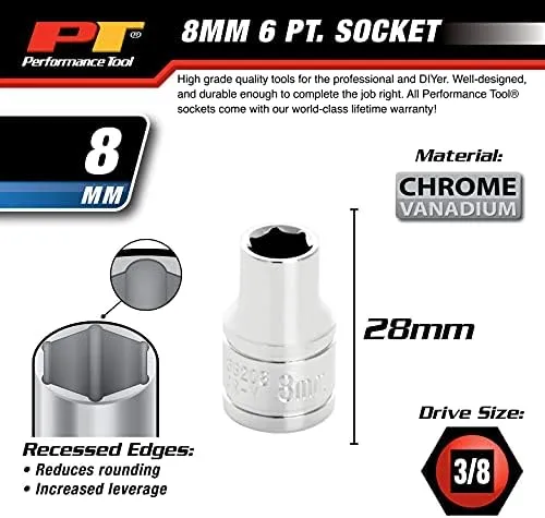 Performance Tool W38208 6-Point Socket, 3/8-Inch Drive, 8mm