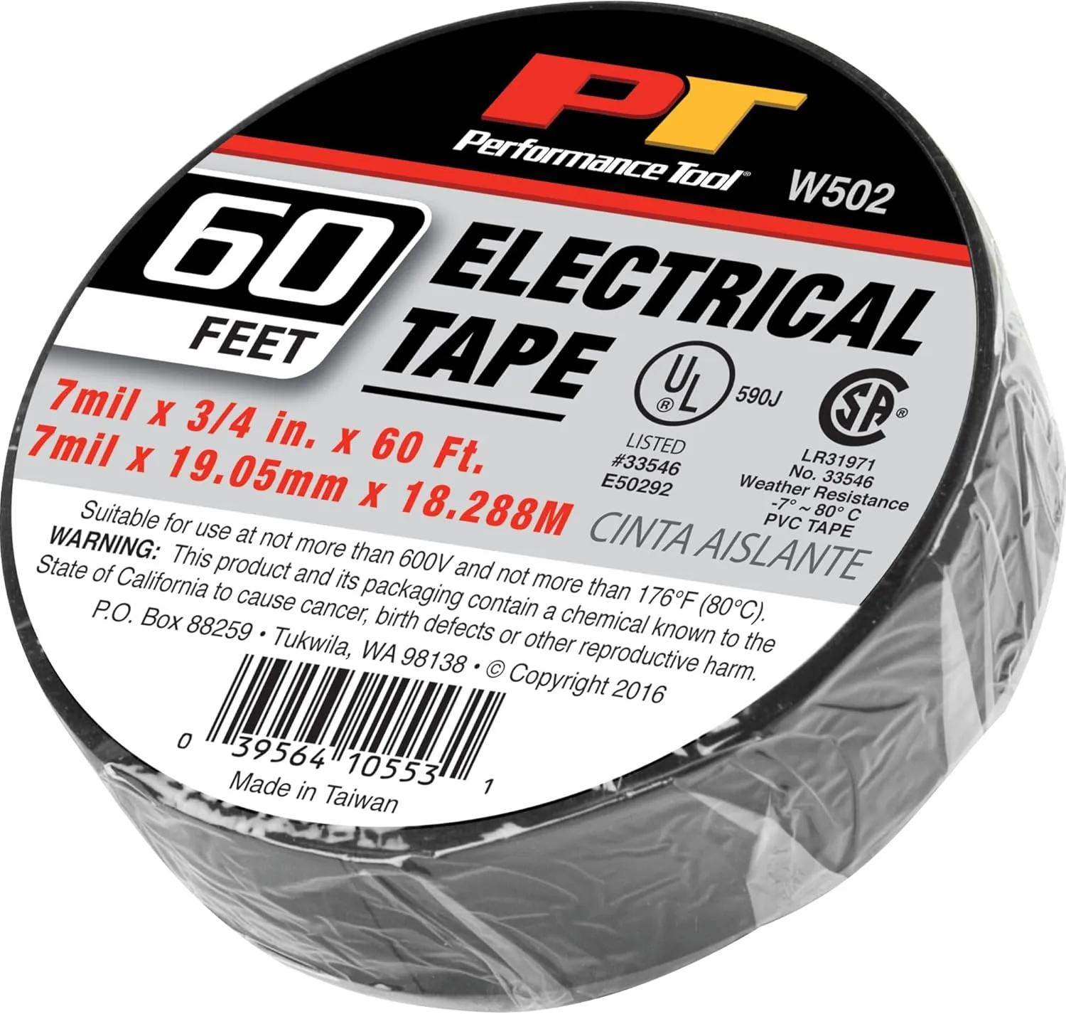 Performance Tool W502 Electrical Tape, 3/4 in x 60 ft