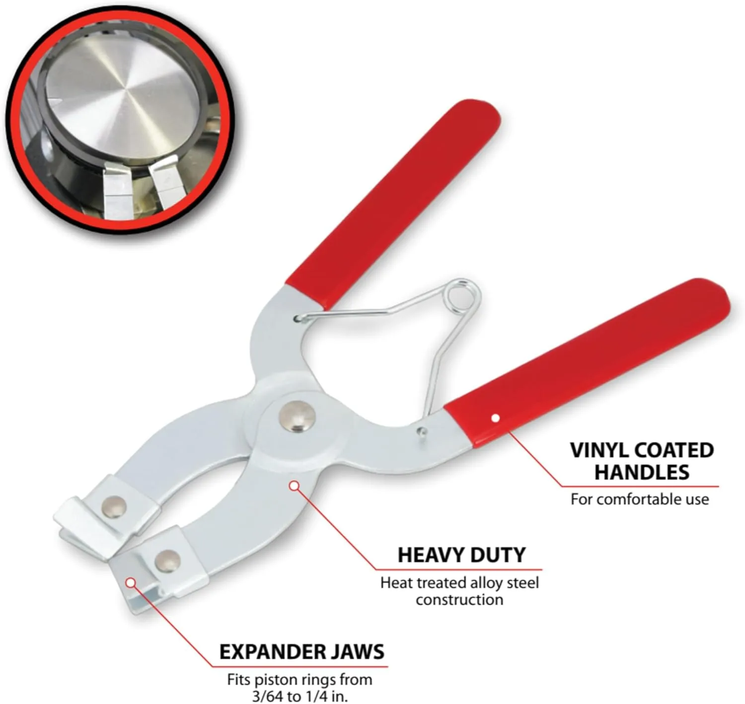 Performance Tool W80575 Piston Ring Compressor Pliers - Installs and Removes Rings 3/64-Inch through 1/4-Inch - Comfortable Vinyl Grip Handles