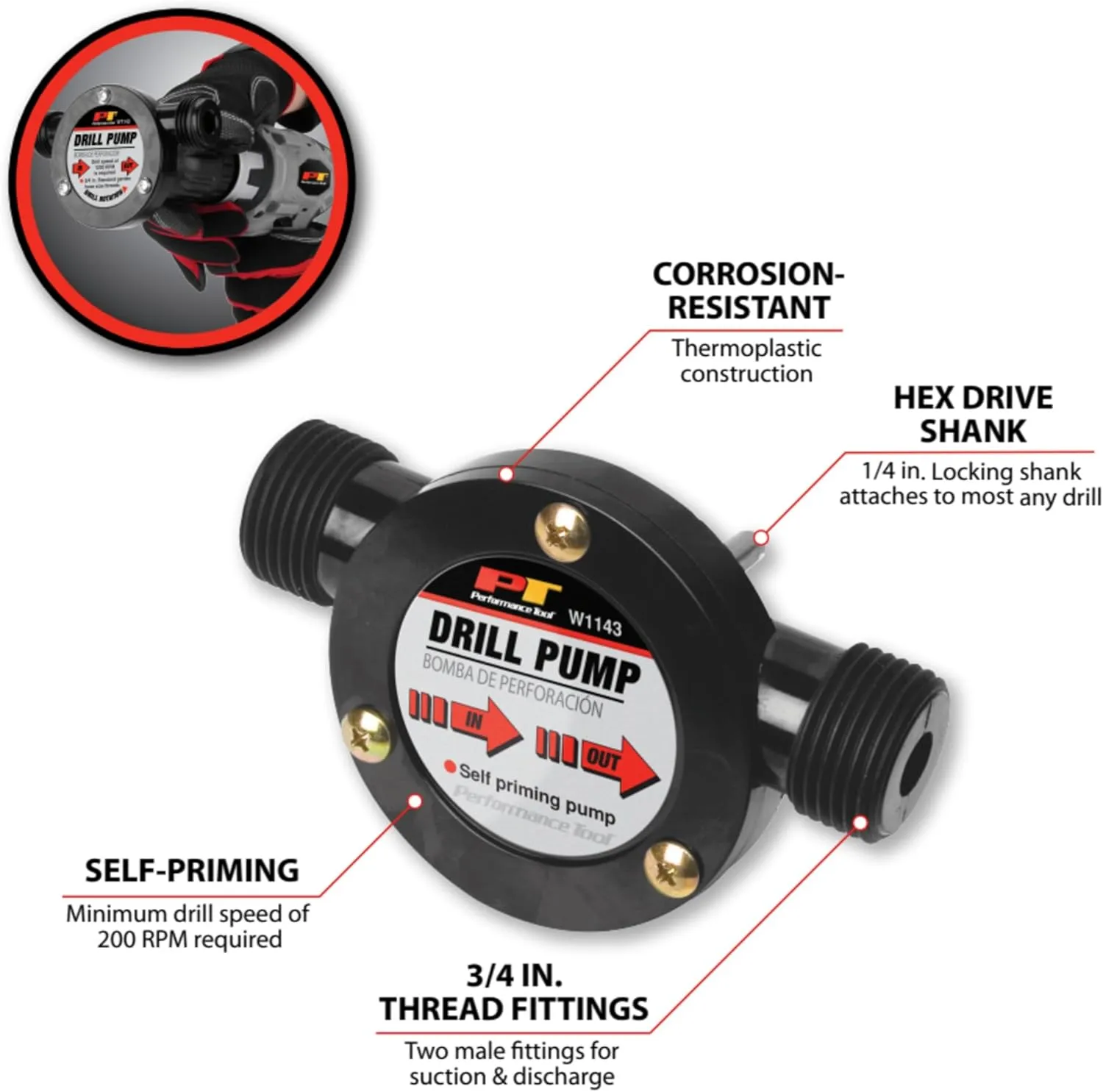 Performance Tool W1143 Liquid Transfer Pump for Corded/Cordless Drills - 225 GPH, 3/4-Inch Max Hose Diameter, Self-Priming, Corrosion-Resistant Shaft