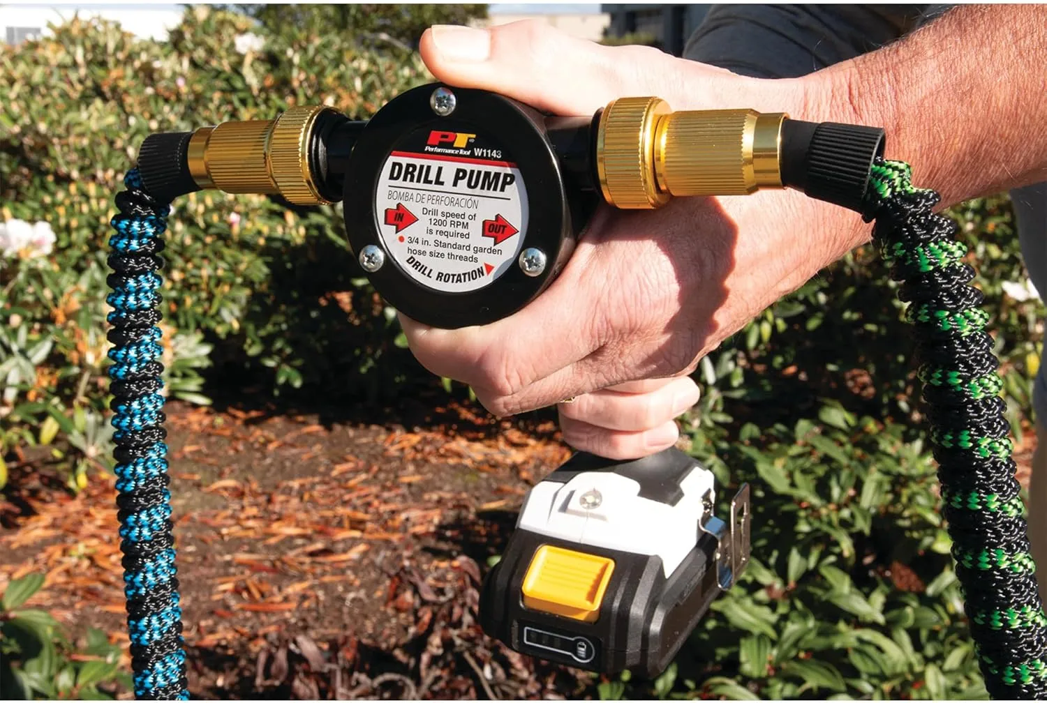 Performance Tool W1143 Liquid Transfer Pump for Corded/Cordless Drills - 225 GPH, 3/4-Inch Max Hose Diameter, Self-Priming, Corrosion-Resistant Shaft