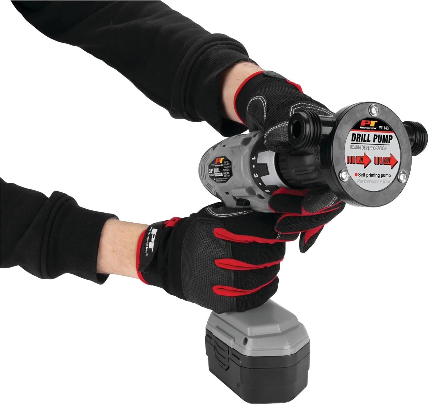 Performance Tool W1143 Liquid Transfer Pump for Corded/Cordless Drills - 225 GPH, 3/4-Inch Max Hose Diameter, Self-Priming, Corrosion-Resistant Shaft
