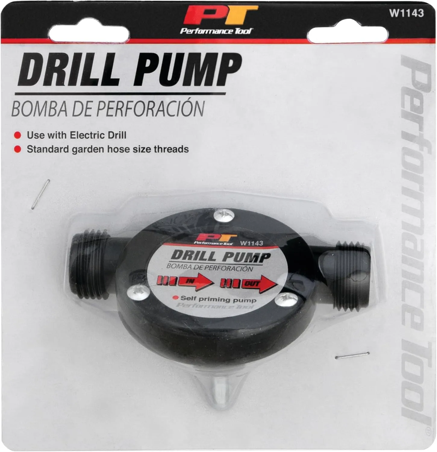 Performance Tool W1143 Liquid Transfer Pump for Corded/Cordless Drills - 225 GPH, 3/4-Inch Max Hose Diameter, Self-Priming, Corrosion-Resistant Shaft