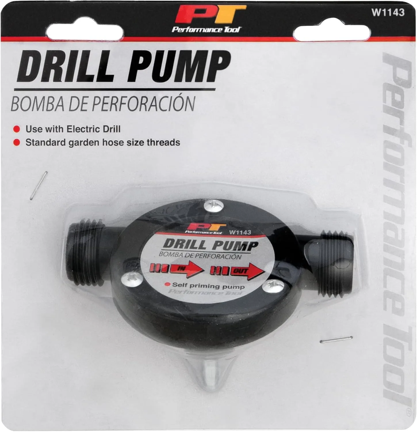 Performance Tool W1143 Liquid Transfer Pump for Corded/Cordless Drills - 225 GPH, 3/4-Inch Max Hose Diameter, Self-Priming, Corrosion-Resistant Shaft