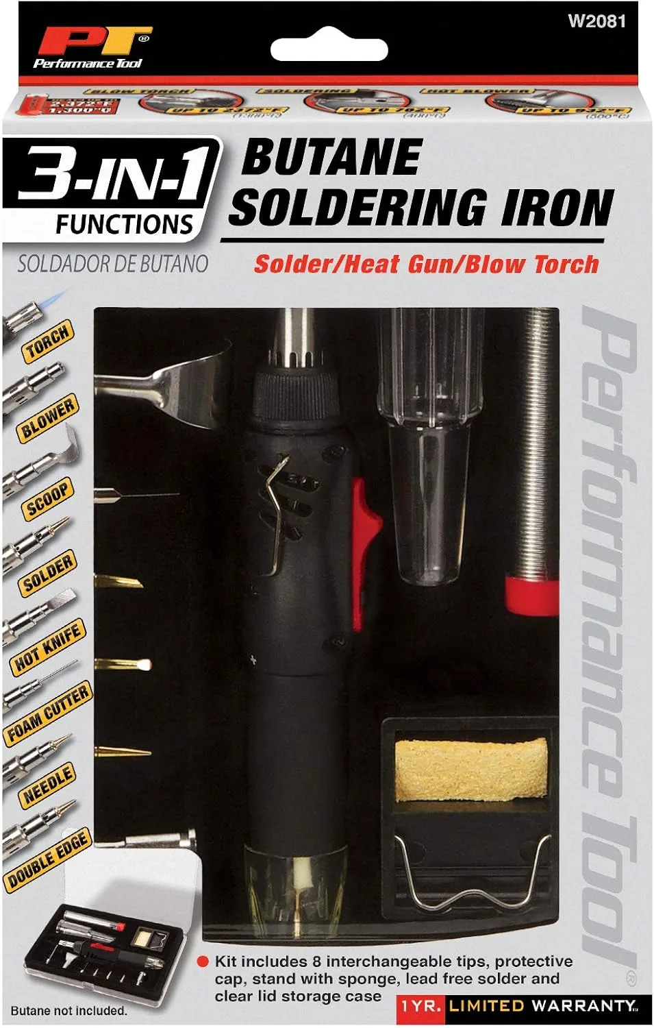 Performance Tool W2081 3-in-1 Butane Soldering Iron, Heat Gun and Torch with Adjustable Temperature Control and 8 Interchangeable Tips