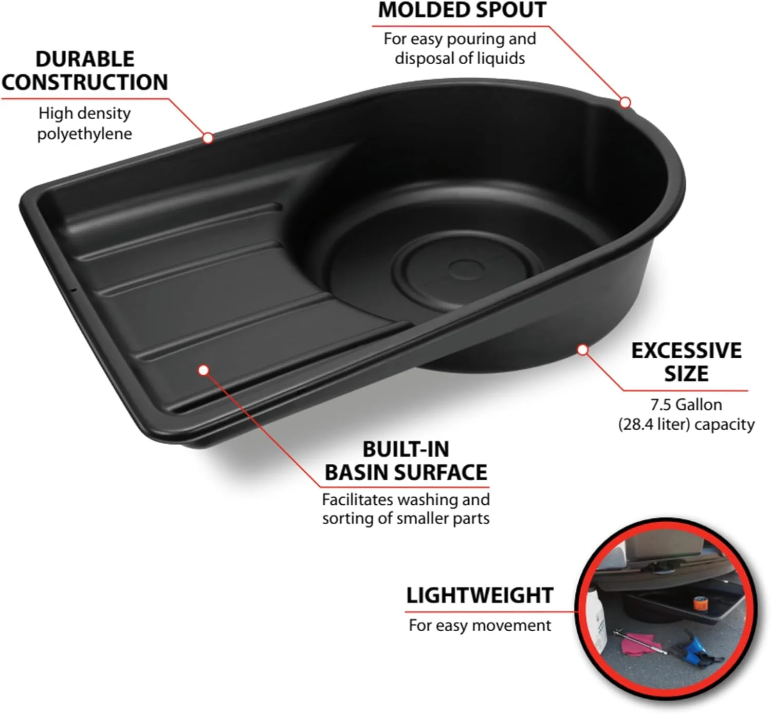 Performance Tool W4072 7.5 Gallon Oil Drain Pan - Black