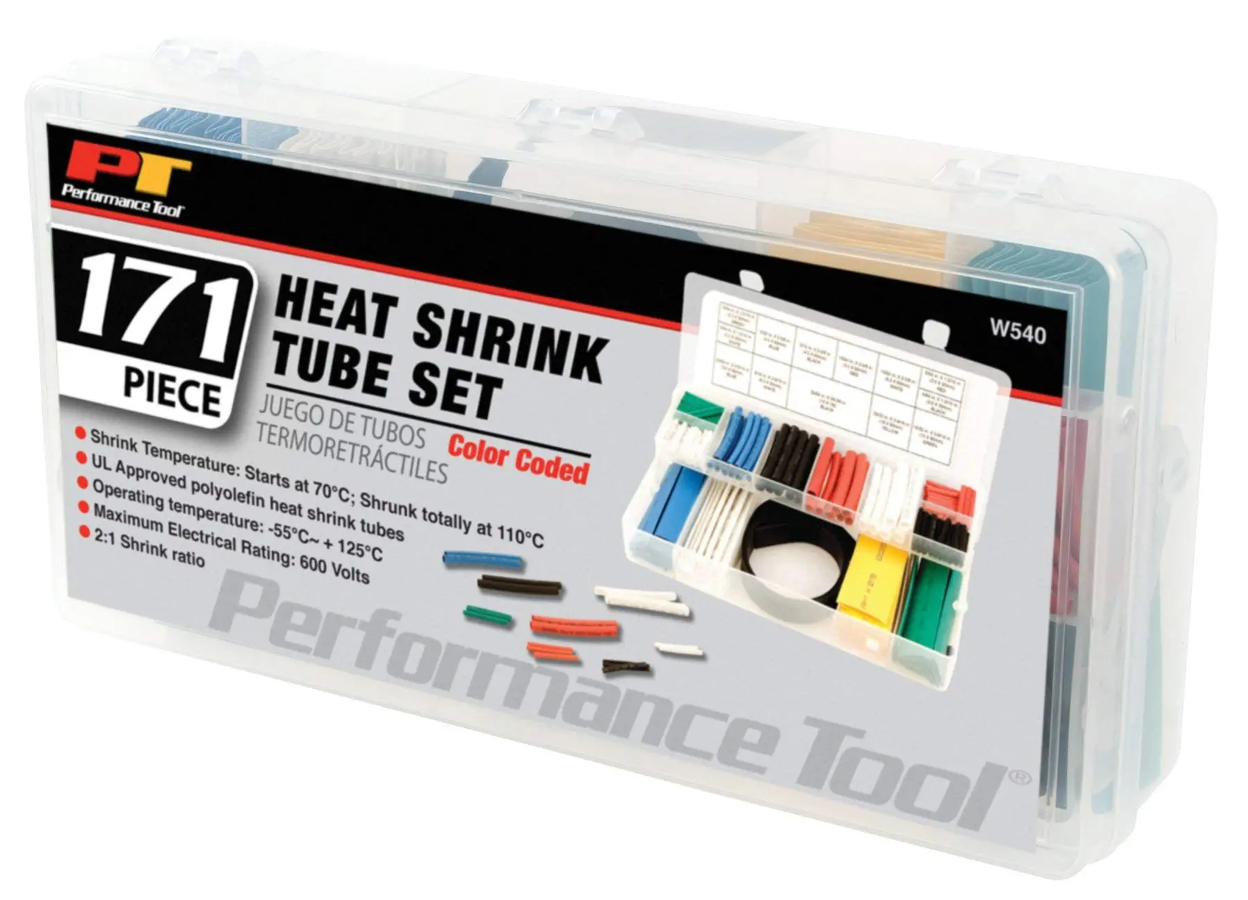 Performance Tool W540 Heat Shrink Tubing Assortment, 171pc, 2:1 Shrink Ratio