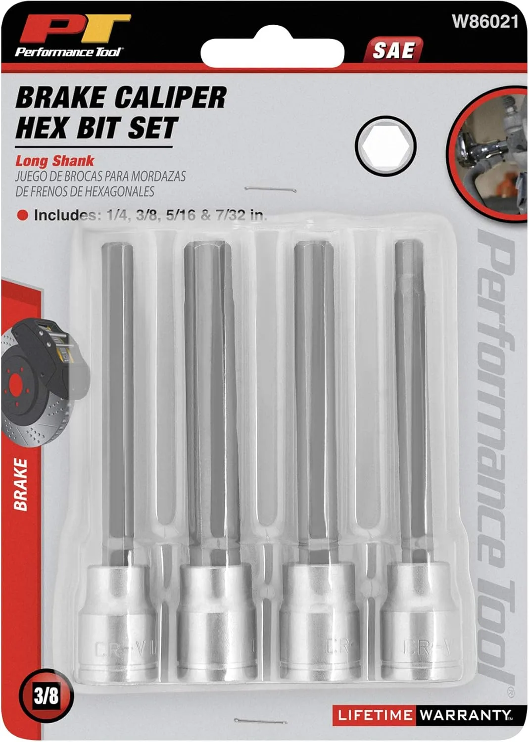 Performance Tool W86021 4pc 3/8-Inch Drive Long Brake Caliper SAE Bit Set