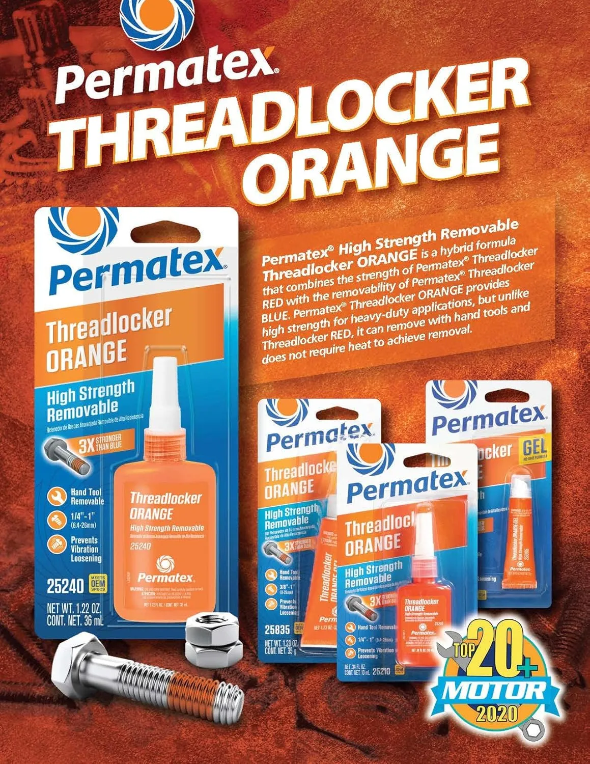 Permatex 25210 High Strength Removable Threadlocker Orange Liquid, 10 ml 10 ml Orange High Strength Removable Liquid