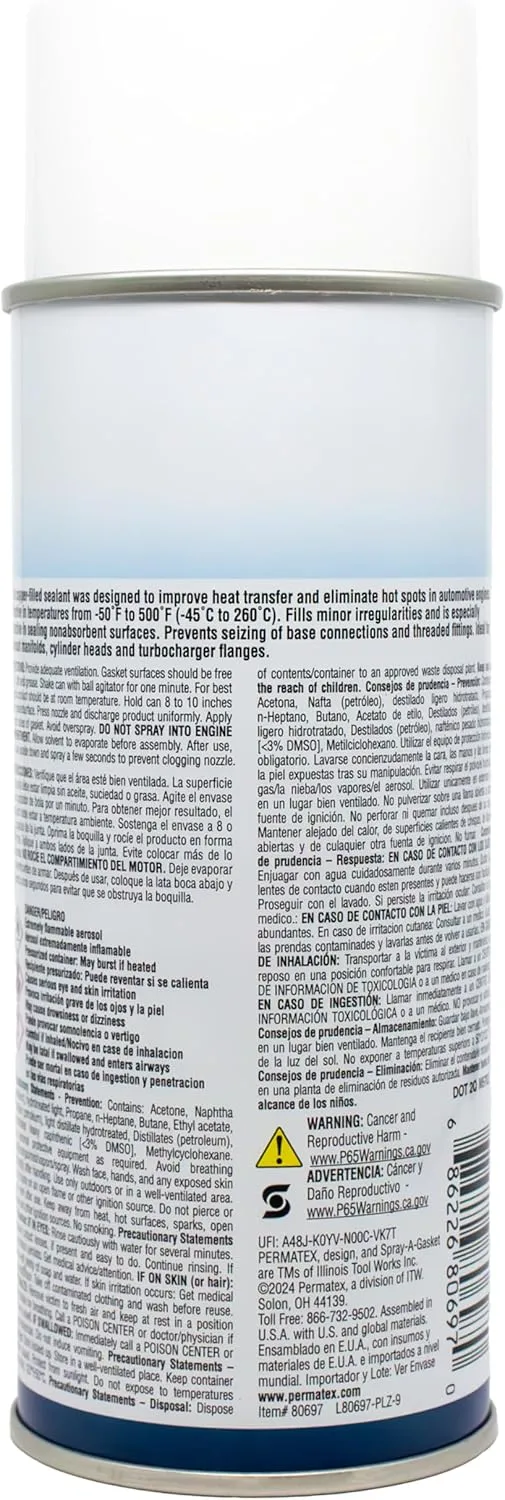 Permatex 80697 Copper Spray-A-Gasket Hi-Temp Adhesive Sealant, 9 oz. Aerosol