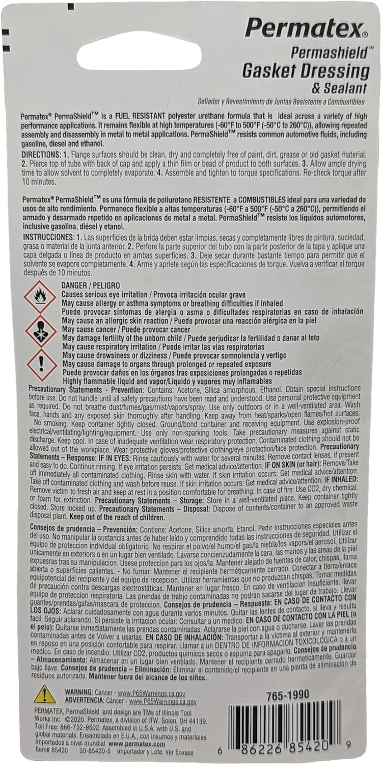 Permatex 85420 Permashield Fuel Resistant Gasket Dressing & Sealant, 2 oz Tube, Orange