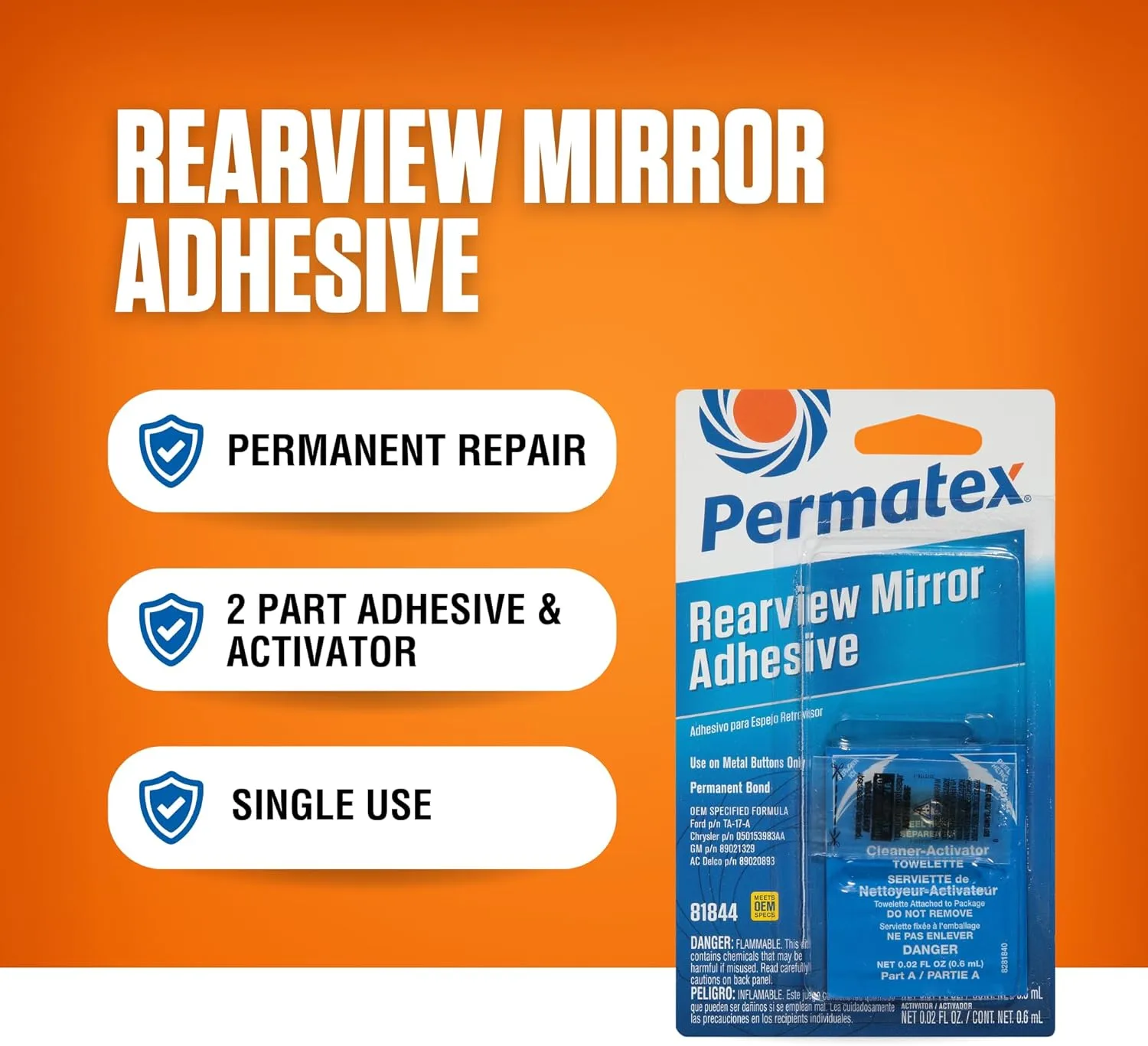 Permatex Rearview Mirror Adhesive, Adhesive .3ml/Primer .6ml (81844)
