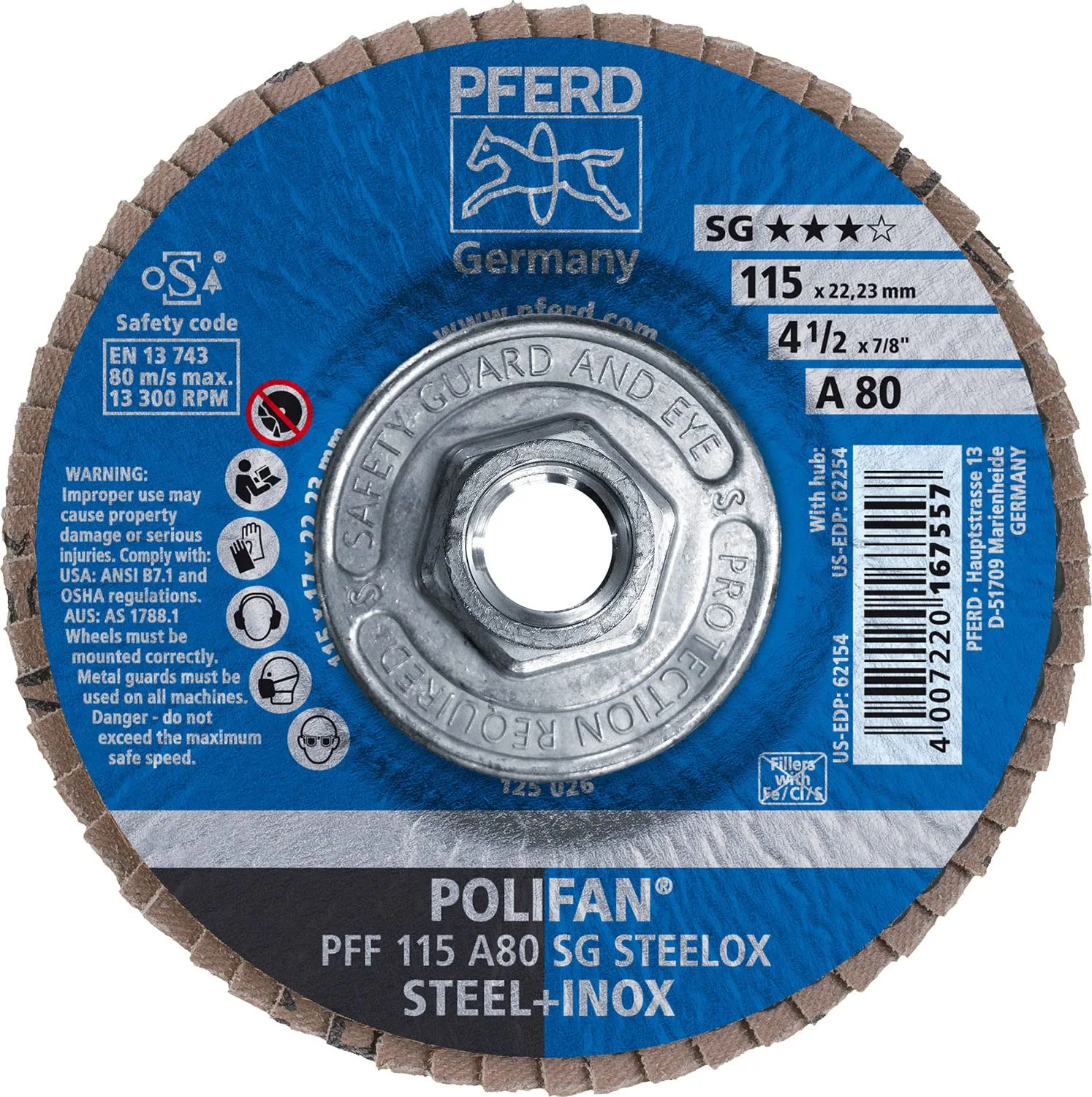 PFERD 62254 4-1/2" x 5/8-11 POLIFAN Flap Disc - Flat SG, Aluminum Oxide, 80 (10 Pack)