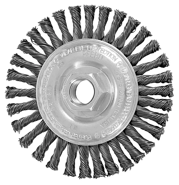 PFERD 4" Power Knot Wheel Brush with Stringer Bead Twist, Threaded Hole, Carbon Steel Bristles, 0.020" Wire Size