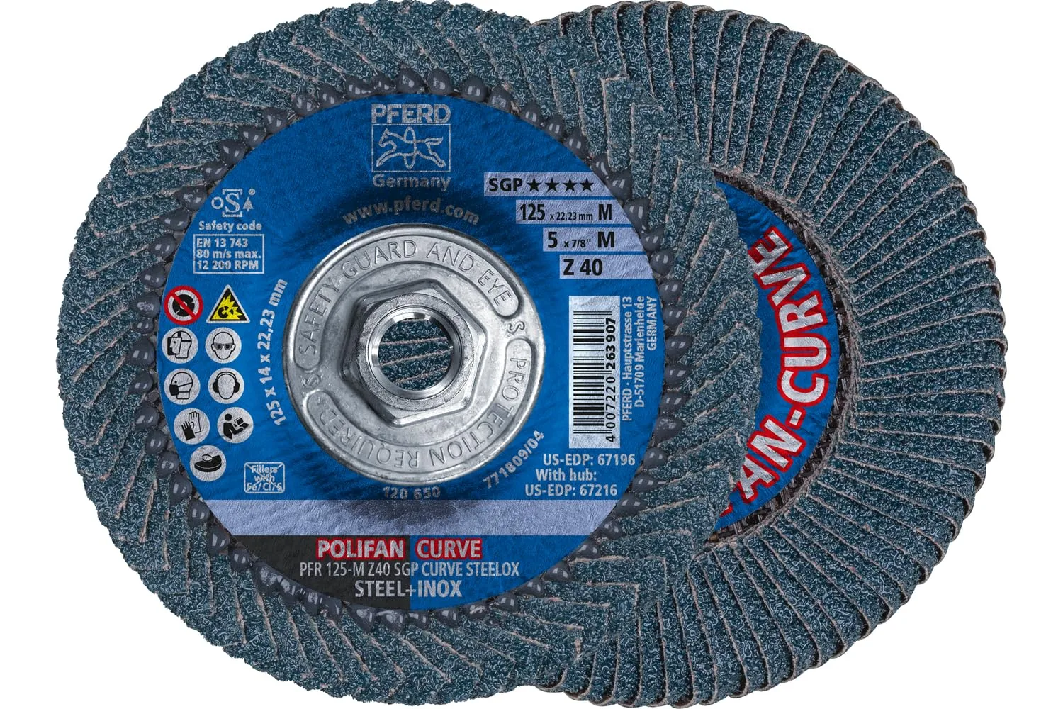 PFERD POLIFAN® Curve Flap Disc - 5" x 5/8-11, 40 Grit Zirconia Alumina, Type 27 (67216)
