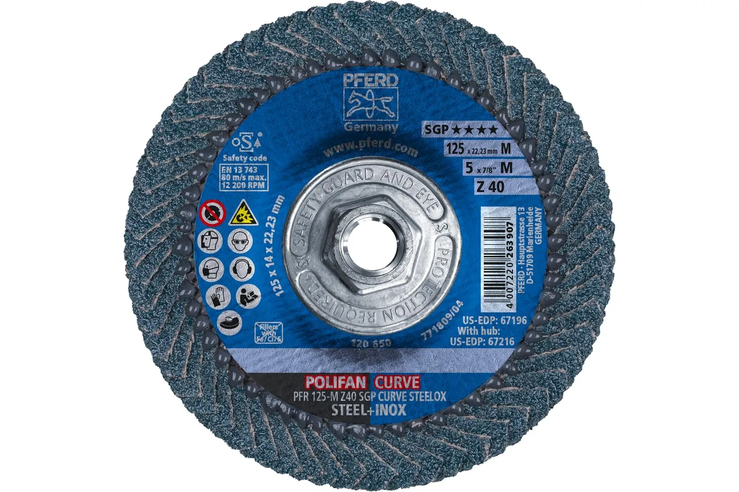 PFERD POLIFAN® Curve Flap Disc - 5" x 5/8-11, 40 Grit Zirconia Alumina, Type 27 (67216)