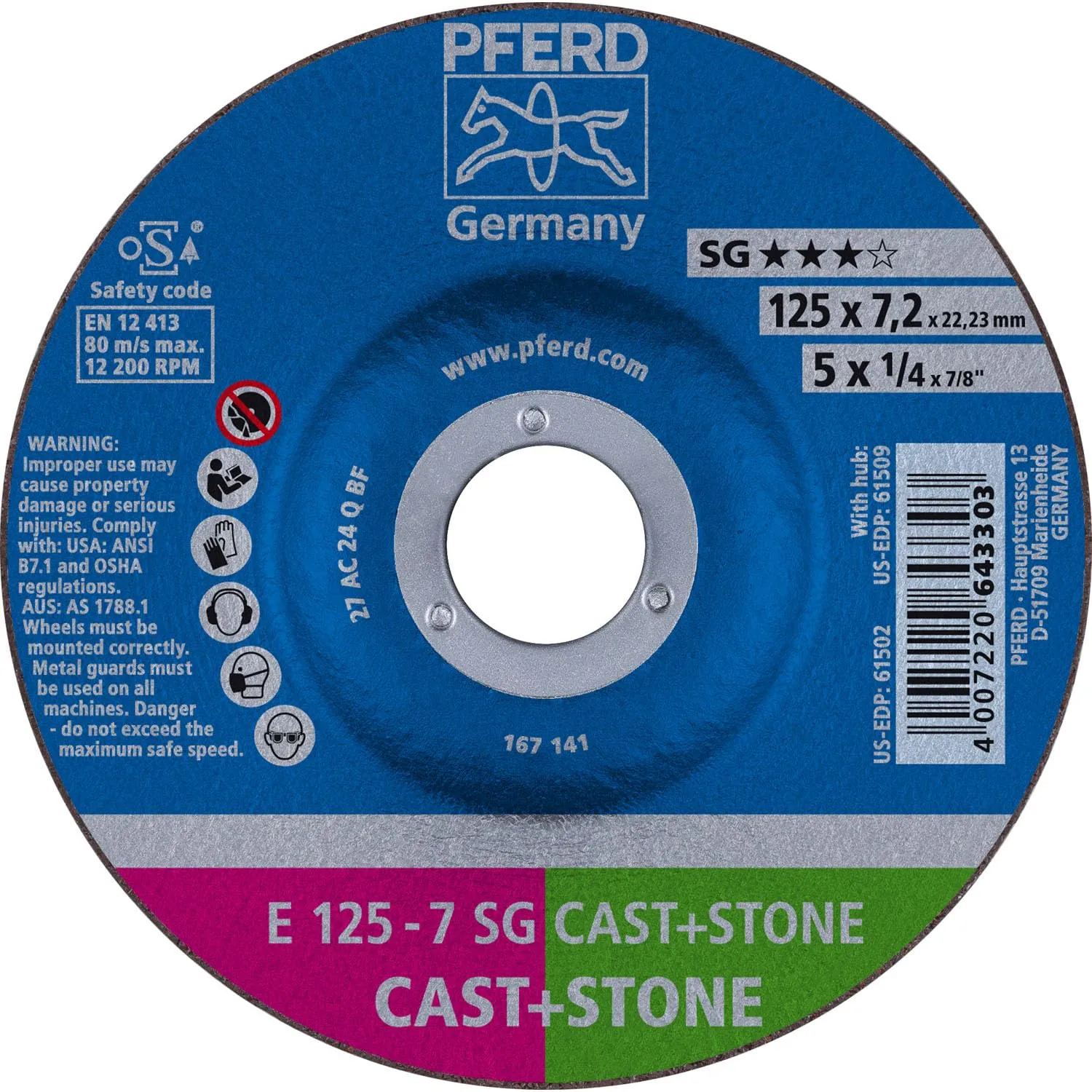 PFERD 5'' X 1/4'' Grinding Wheel 7/8'' AH (61502) (10/Each)