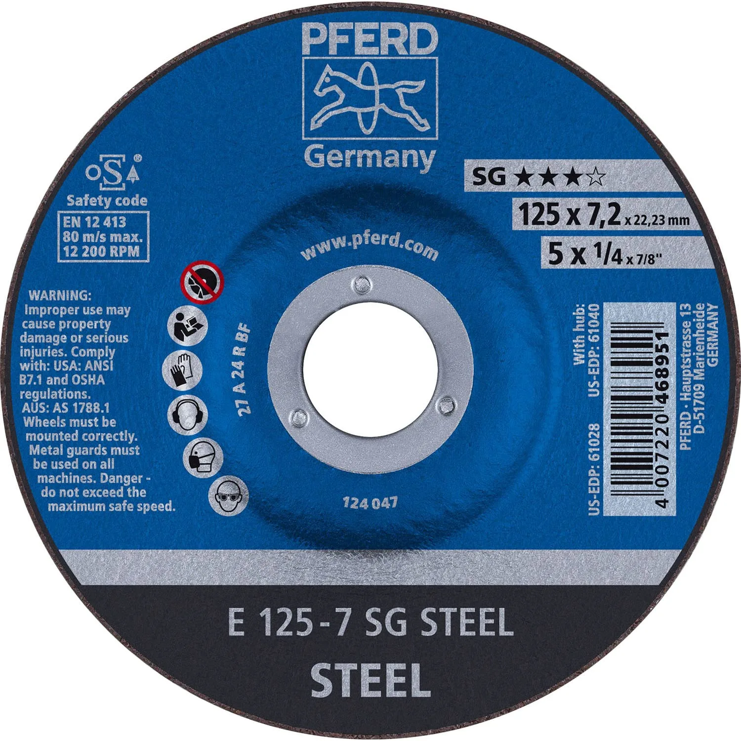 PFERD 5'' X 1/4'' Grinding Wheel 7/8'' AH (61028) (10/Each)