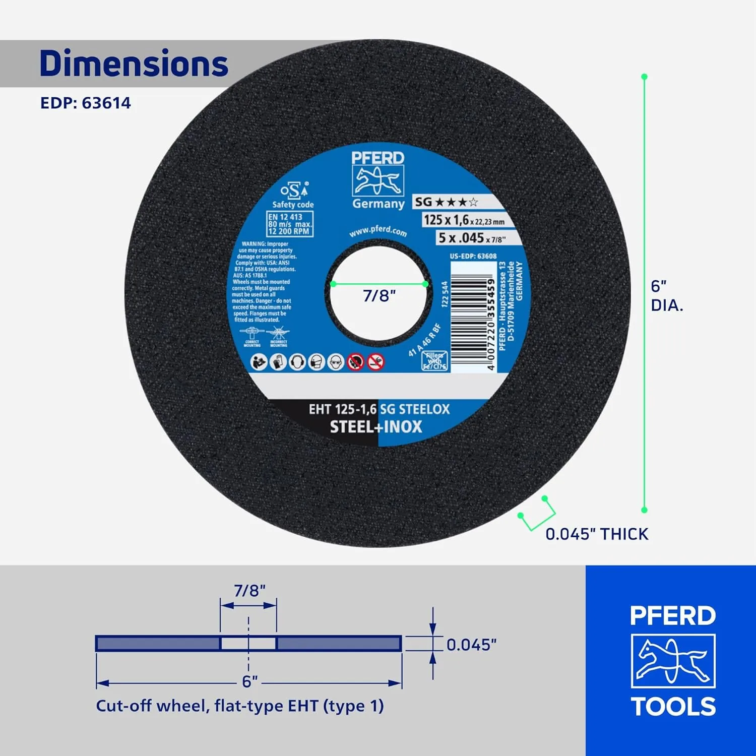 PFERD 6'' X .045'' Cut-Off Wheel 7/8'' AH A (63614) (25/Each)