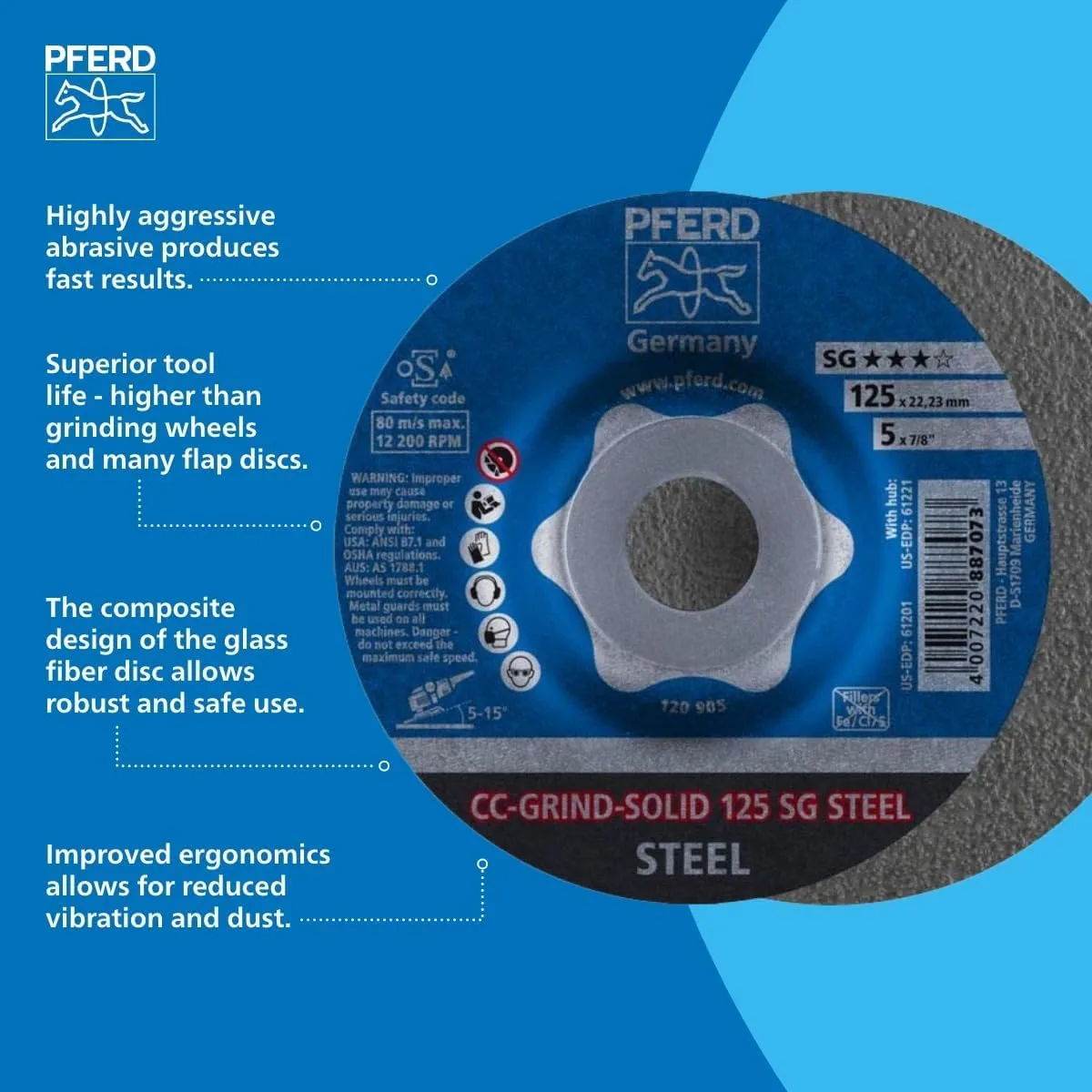 PFERD 61200 4-1/2" CC-GRIND-SOLID 7/8" A.H. - SG for STEEL (10 Pack)