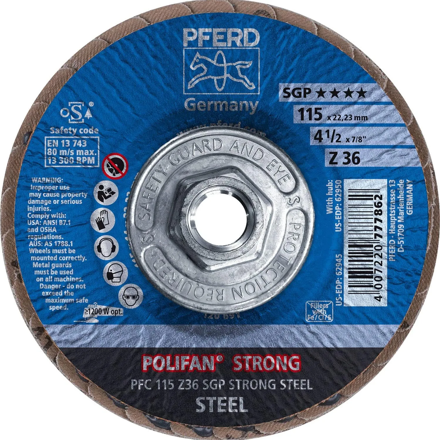 PFERD 62950 4-1/2" POLIFAN-STRONG Flap Disc SGP, Conical, 36 Grit Zirconia (10 Pack)