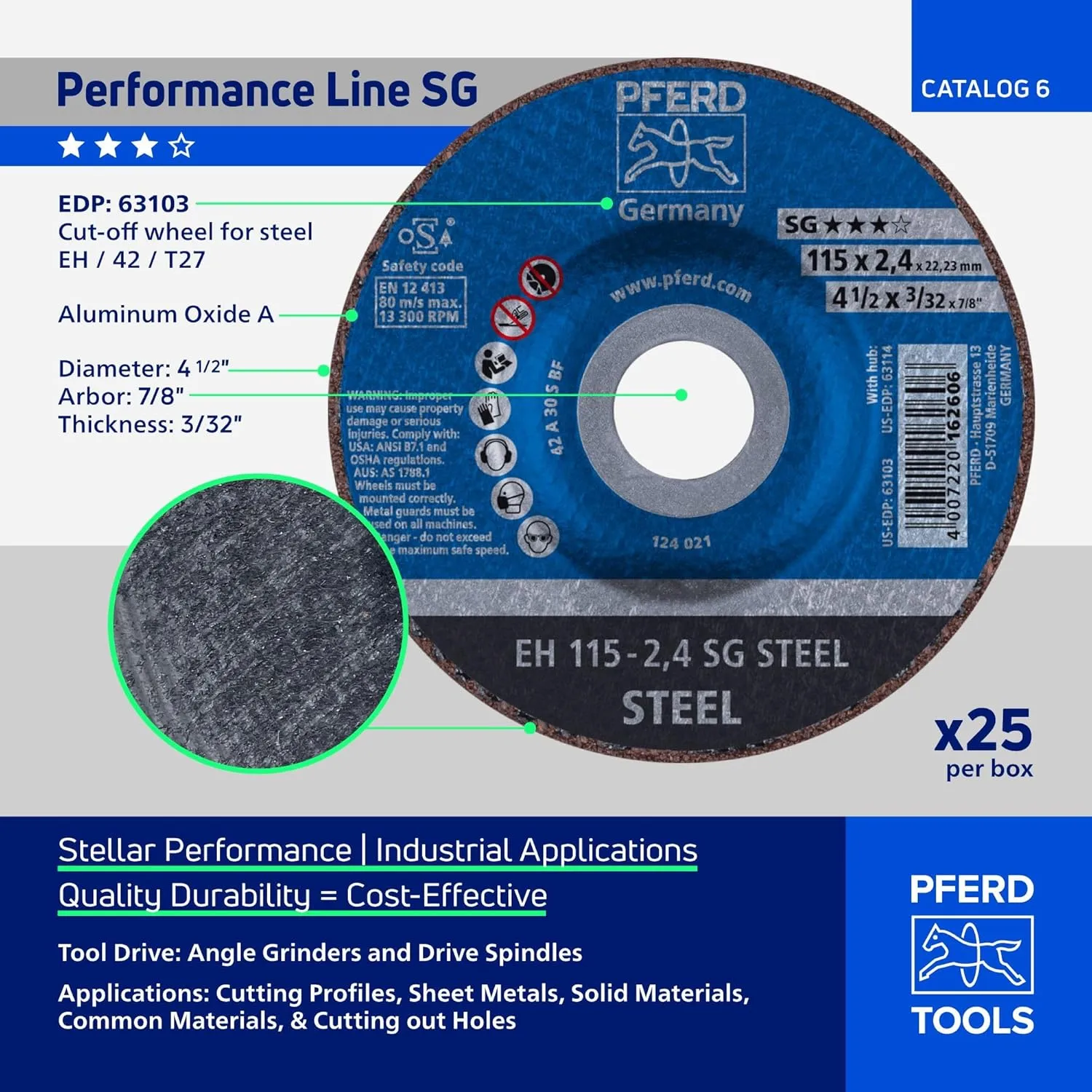 PFERD 63103 4-1/2" x 3/32" Cut-Off Wheel, 7/8" AH A 30 S SG - Type 27 (25pk)