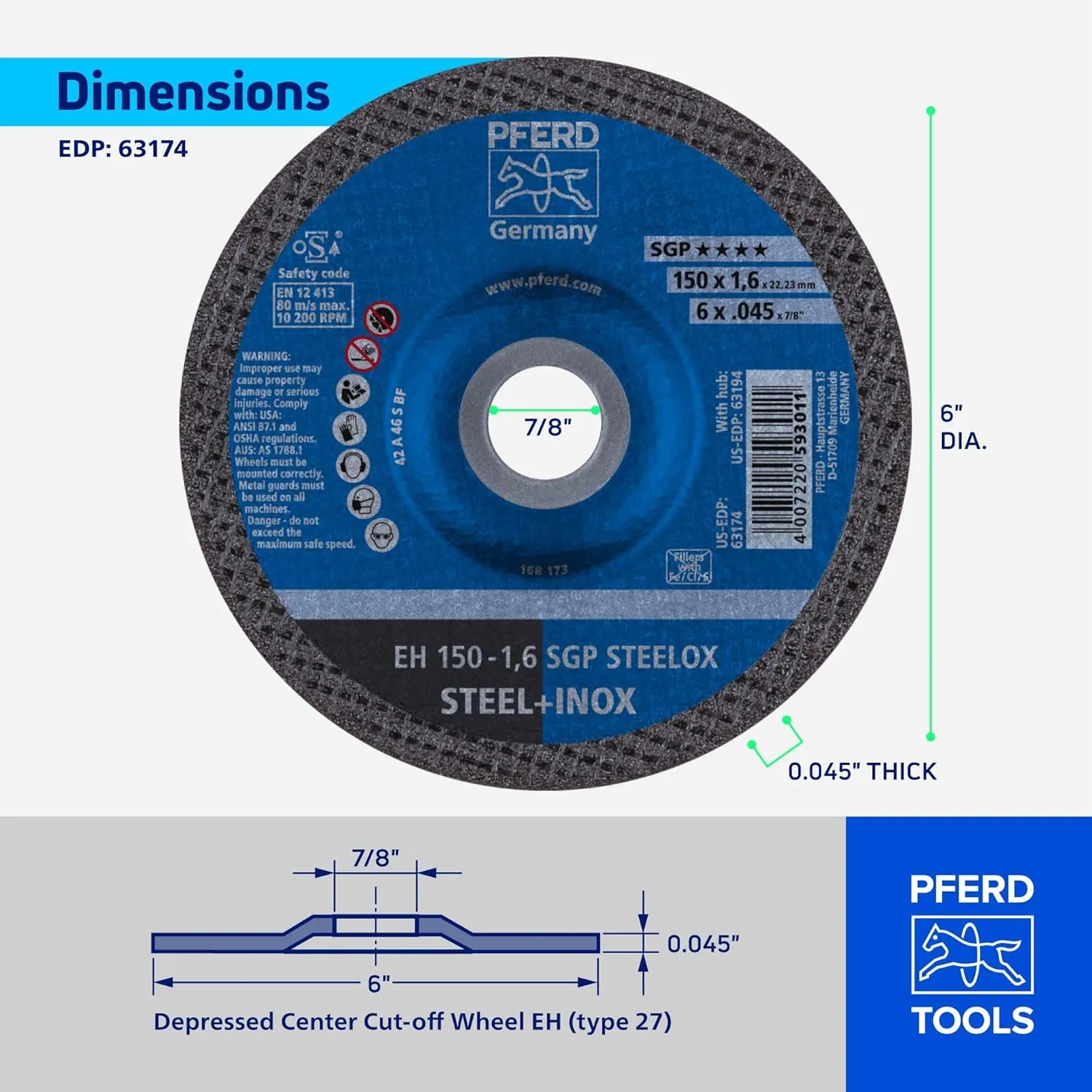 PFERD 63174 6" x .045" Cut-Off Wheel, 7/8" AH A 46 S SGP-INOX - Type 27 (25pk)