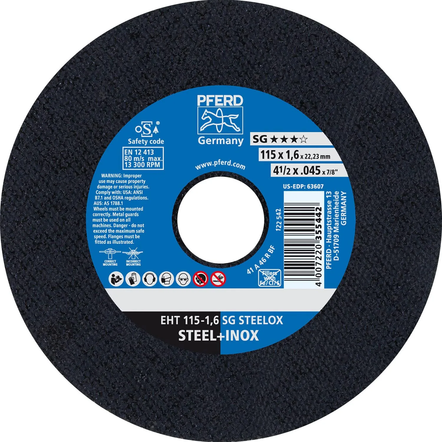 PFERD 63607 4-1/2" x .045" Cut-Off Wheel 7/8" AH A 46 R SG-INOX - Type 1 (25pk)
