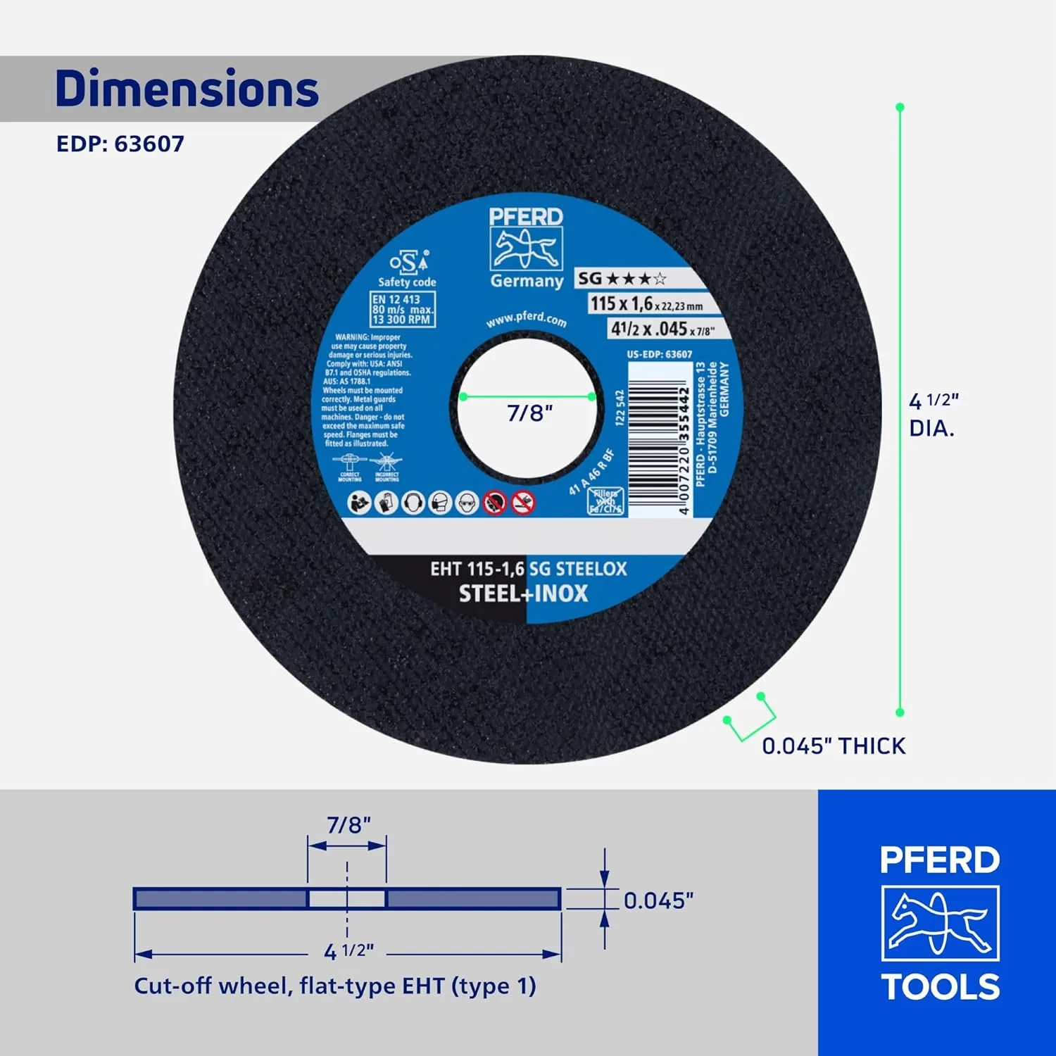 PFERD 63607 4-1/2" x .045" Cut-Off Wheel 7/8" AH A 46 R SG-INOX - Type 1 (25pk)
