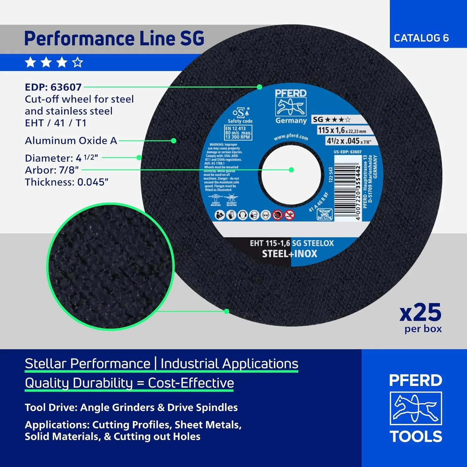 PFERD 63607 4-1/2" x .045" Cut-Off Wheel 7/8" AH A 46 R SG-INOX - Type 1 (25pk)