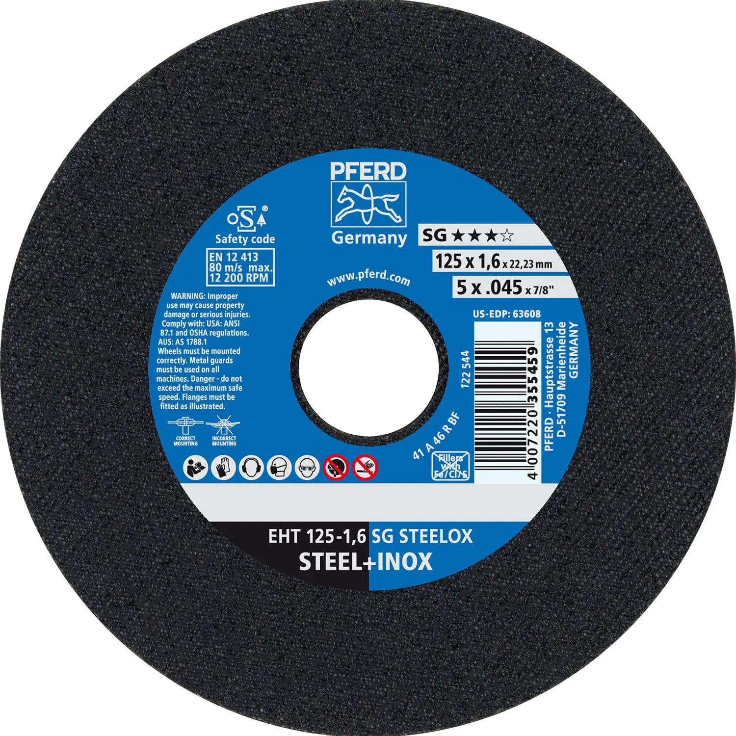 PFERD 63608 5" x .045" Cut-Off Wheel, 7/8" AH A 46 R SG-INOX - Type 1 (25pk)