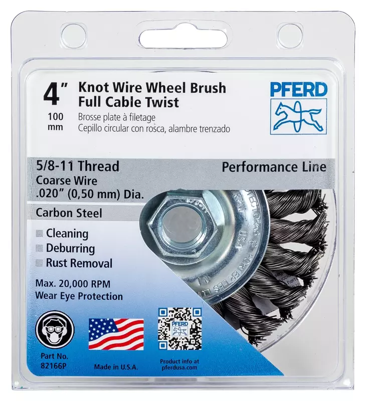 PFERD 82166P Full Cable Twist Knot Wheel Brush, Carbon Steel Wire, 4" Diameter, 5/8-11 Thread, 0.020 Wire Size