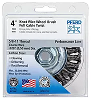 PFERD 82166P Full Cable Twist Knot Wheel Brush, Carbon Steel Wire, 4" Diameter, 5/8-11 Thread, 0.020 Wire Size