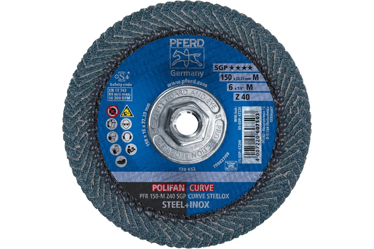 PFERD POLIFAN®-Curve Radial Type Flap Disc - 6" x 7/8" Thread, 40 Grit Zirconia