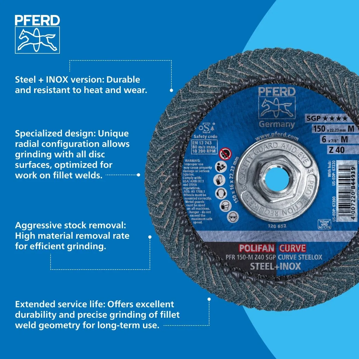 PFERD POLIFAN®-Curve Radial Type Flap Disc - 6" x 7/8" Thread, 40 Grit Zirconia