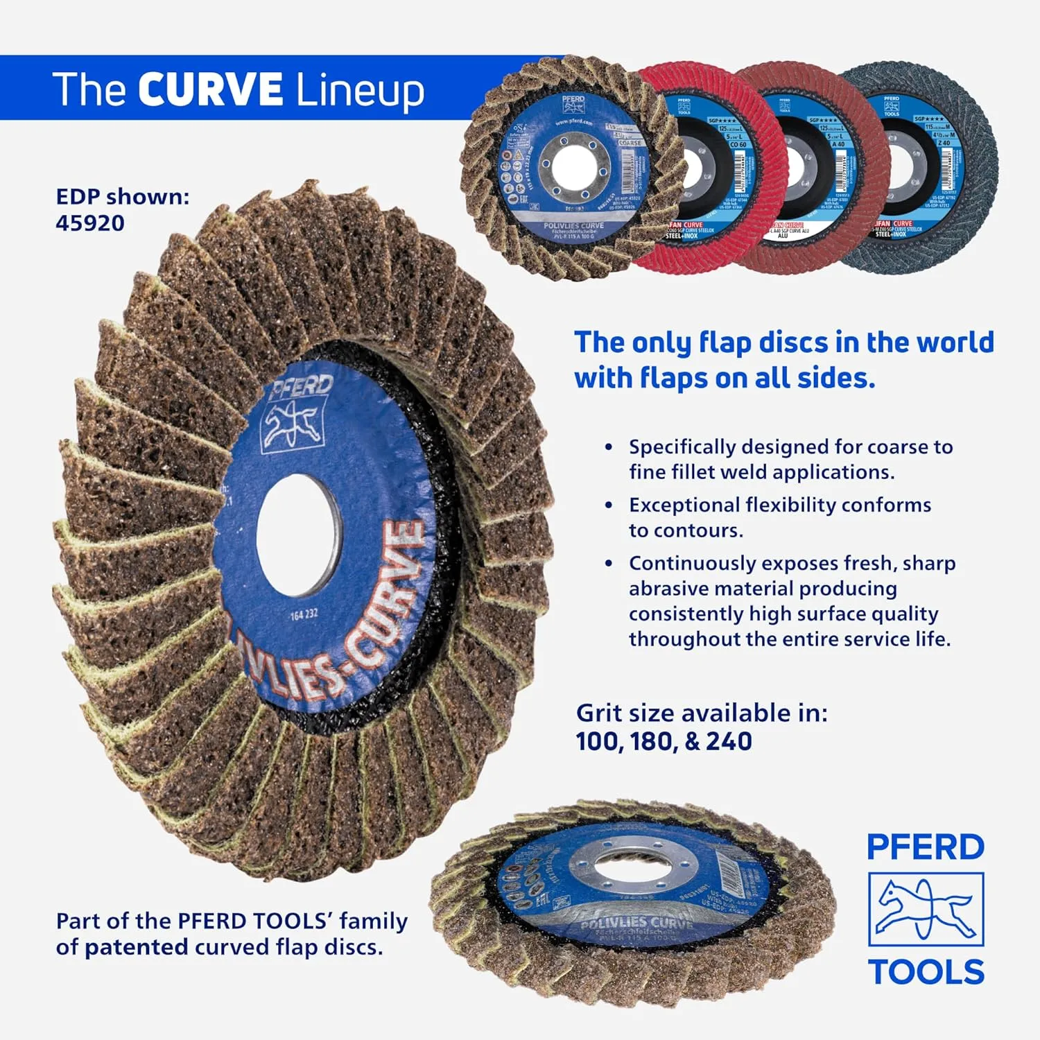 PFERD POLIFAN®-Curve Radial Type Flap Disc - 4-1/2" x 5/8-11" Thread, 60 Grit Ceramic Oxide