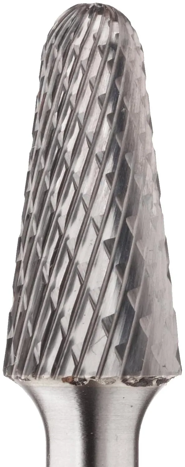 PFERD Tough Series 14 Degree Taper Carbide Bur, Uncoated (Bright) Finish, Double Cut, Radius End, 1/4" Shank