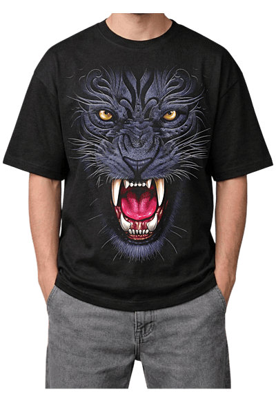 Fierce Roaring Purple Panther Print Oversized Mens Black T-Shirt