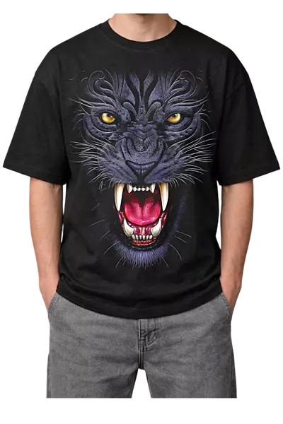 Fierce Roaring Purple Panther Print Oversized Mens Black T-Shirt