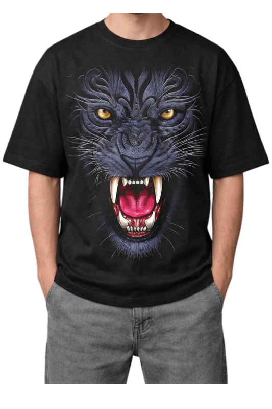 Fierce Roaring Purple Panther Print Oversized Mens Black T-Shirt