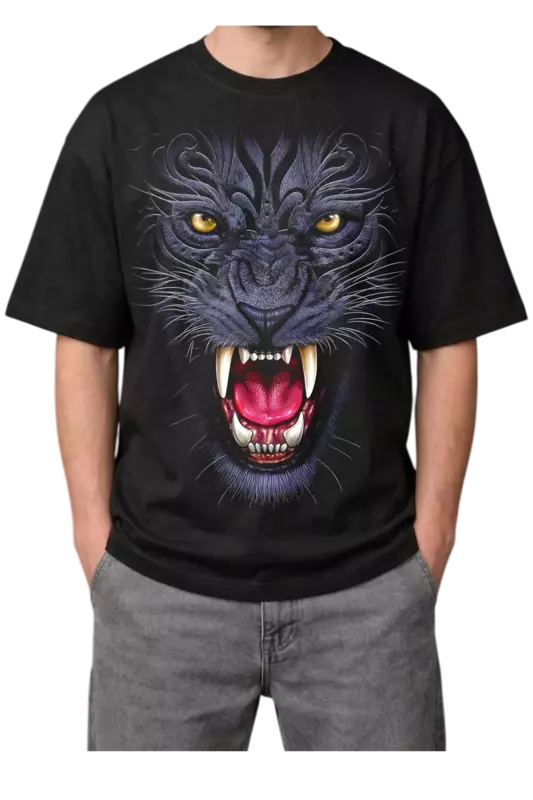 Fierce Roaring Purple Panther Print Oversized Mens Black T-Shirt