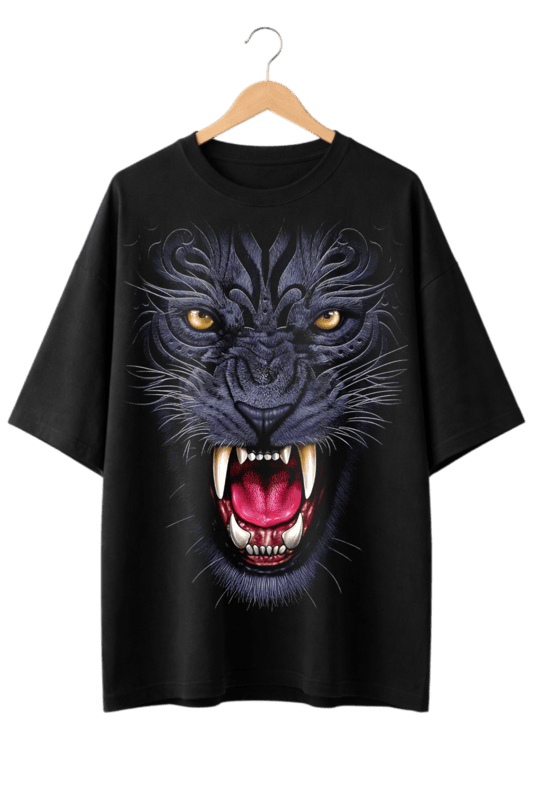 Fierce Roaring Purple Panther Print Oversized Mens Black T-Shirt