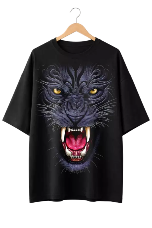 Fierce Roaring Purple Panther Print Oversized Mens Black T-Shirt