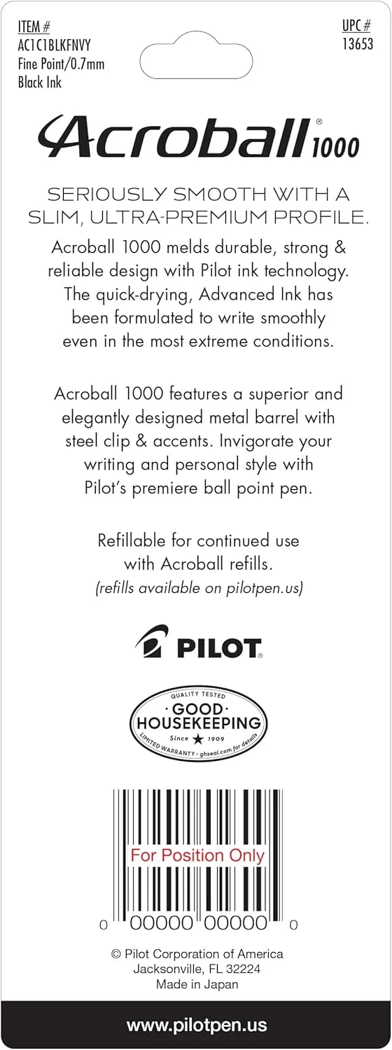 Pilot Acroball 1000 Ultra-Premium Ballpoint Pen, 0.7mm Fine, Navy Barrel, Black Ink