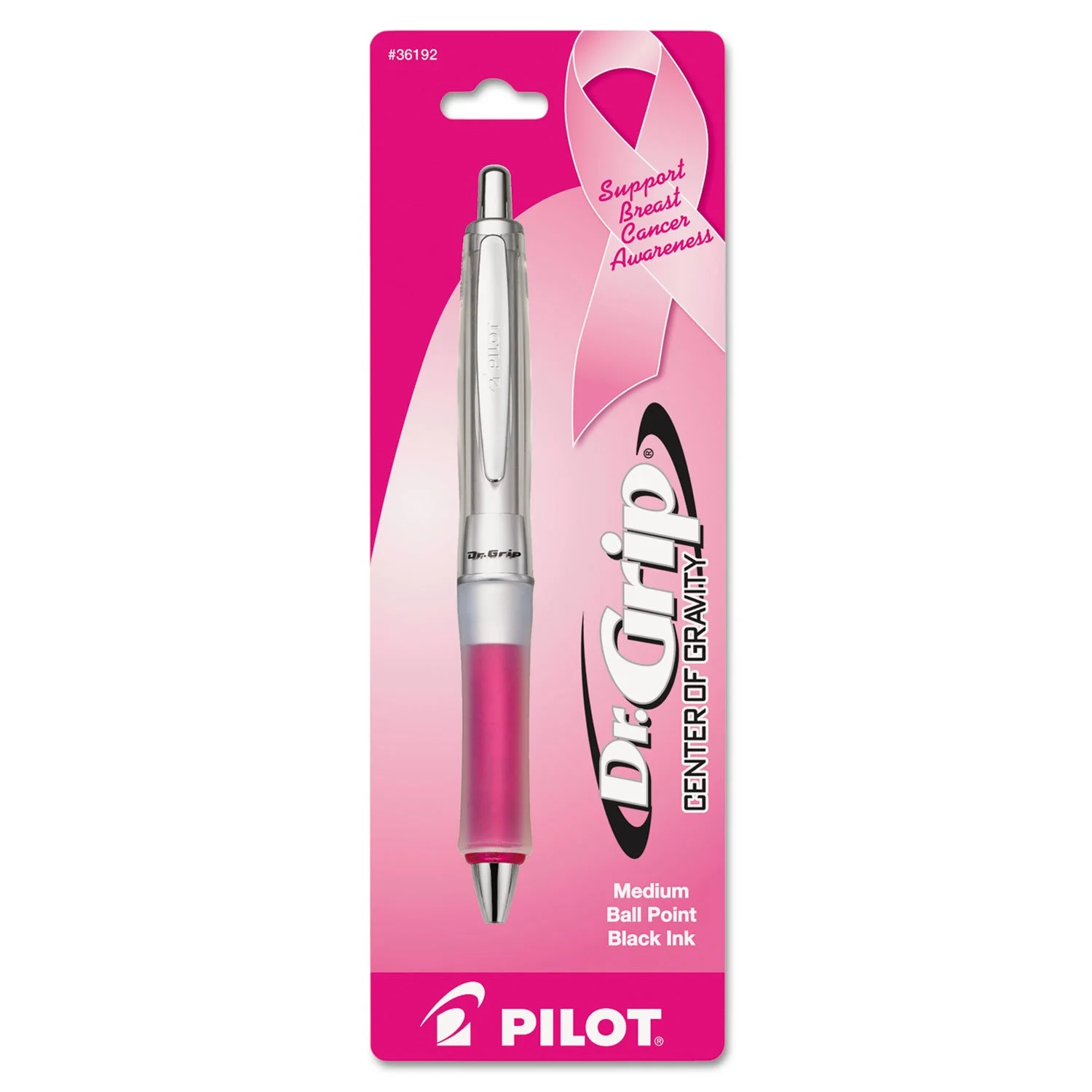 Pilot Dr. Grip Center Of Gravity Breast Cancer Awareness Ballpoint Pen, Medium Point, 1.0 mm, Pink Ribbon Barrel, Black Ink