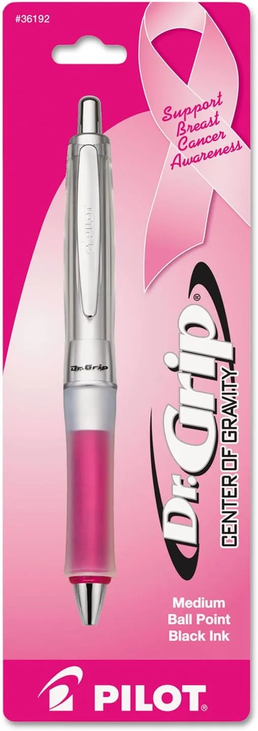 Pilot Dr. Grip Center Of Gravity Breast Cancer Awareness Ballpoint Pen, Medium Point, 1.0 mm, Pink Ribbon Barrel, Black Ink