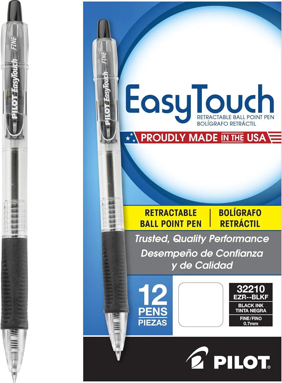 PILOT EasyTouch Refillable & Retractable Ballpoint Pens, Fine Point, Black Ink, 12-Pack (32210)