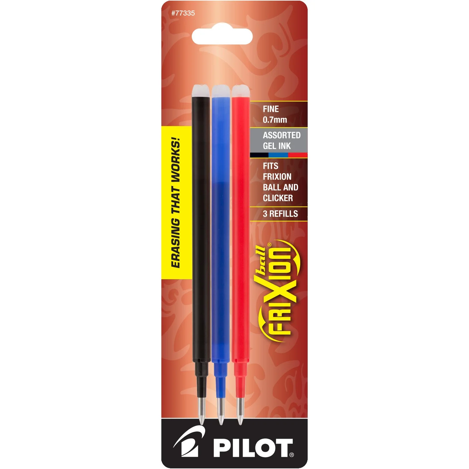 Pilot, FriXion Ball Gel Ink Refills for Erasable Pens, Fine Point 0.7 mm, Pack of 3, Black, Blue & Red