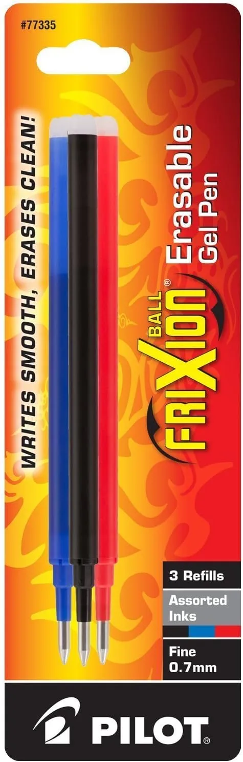 Pilot, FriXion Ball Gel Ink Refills for Erasable Pens, Fine Point 0.7 mm, Pack of 3, Black, Blue & Red