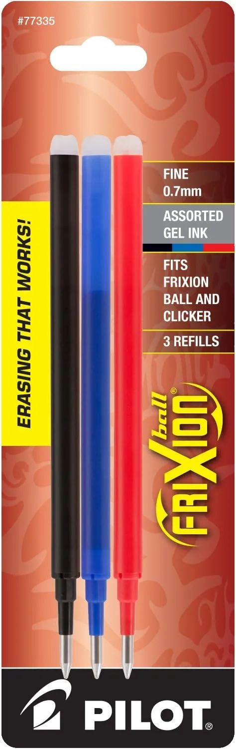 Pilot, FriXion Ball Gel Ink Refills for Erasable Pens, Fine Point 0.7 mm, Pack of 3, Black, Blue & Red